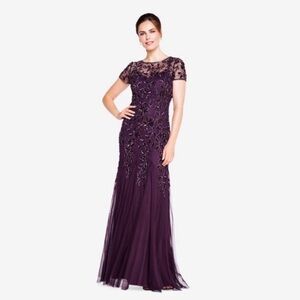 Adrianna Papell Plum Hand Beaded Elegant Embroidered Godet Gown